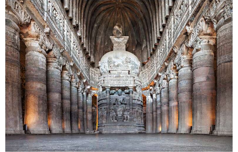 Ajanta Caves panoramic view with ancient rock-cut Buddhist monuments