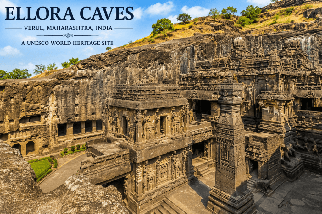 Ellora Caves Maharashtra featuring the famous Kailasa Temple rock-cut architecture, UNESCO World Heritage Site near Chhatrapati Sambhajinagar Aurangabad.
