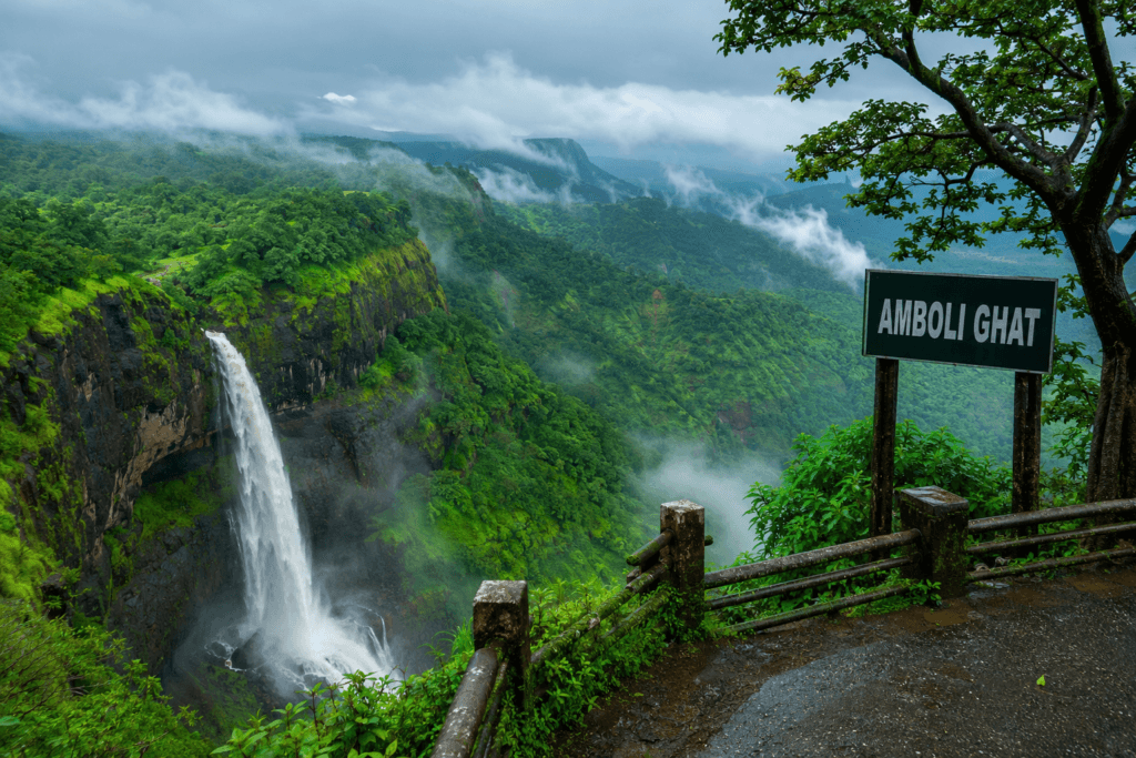 Amboli Ghat waterfall and scenic valley viewpoint in Maharashtra during monsoon