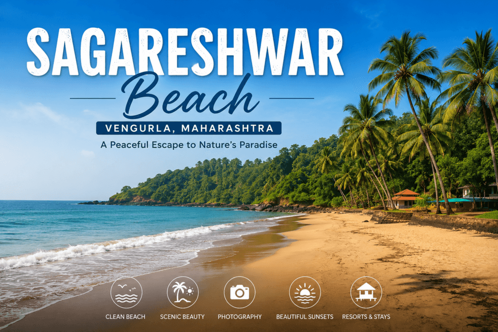 Sagareshwar Beach in Vengurla, Sindhudurg Maharashtra with golden sand, coconut trees, blue sea and beautiful coastal scenery