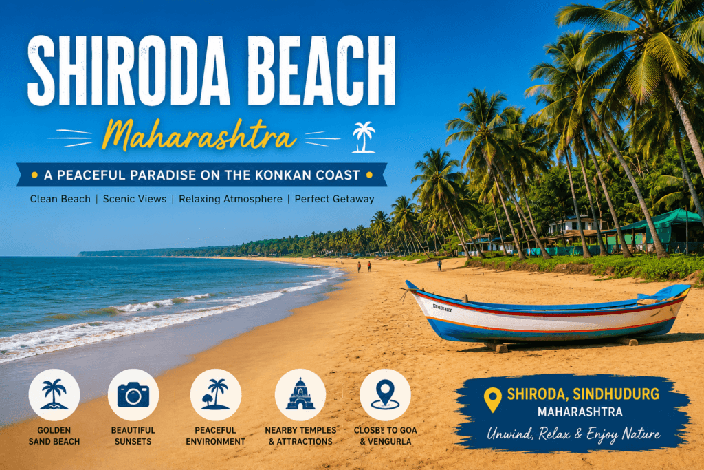 Shiroda Beach Maharashtra with golden sandy shoreline, coconut trees, blue Arabian Sea and scenic coastal views in Sindhudurg district
