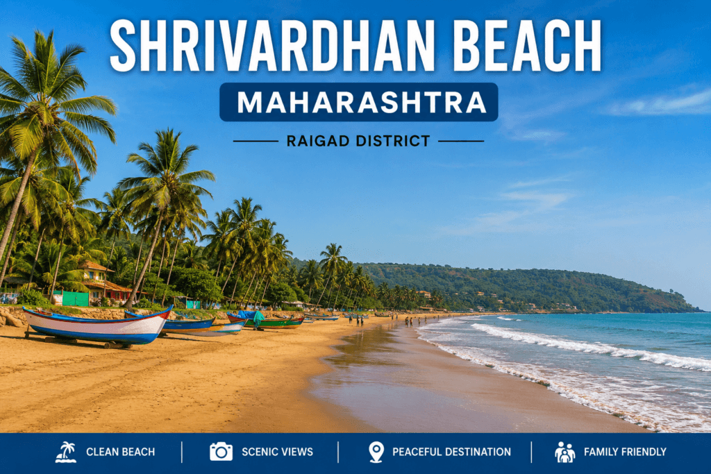 Shrivardhan Beach Maharashtra with golden sandy shoreline, Arabian Sea views, coconut trees and beautiful Konkan coastline in Raigad district
