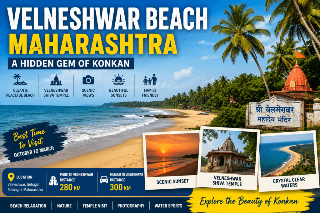 Velneshwar Beach Maharashtra in Ratnagiri district featuring a clean Konkan coastline, golden sand, coconut trees, Arabian Sea views and peaceful beach atmosphere