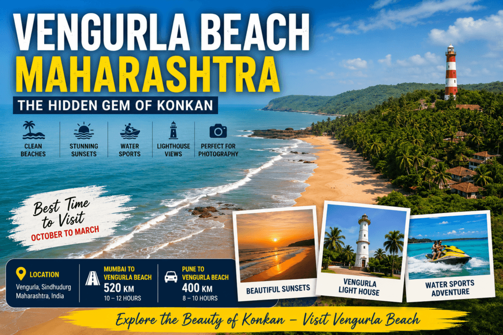 Vengurla Beach Maharashtra with golden sandy coastline, Vengurla Lighthouse, coconut trees, water sports and scenic Konkan beach views in Sindhudurg district