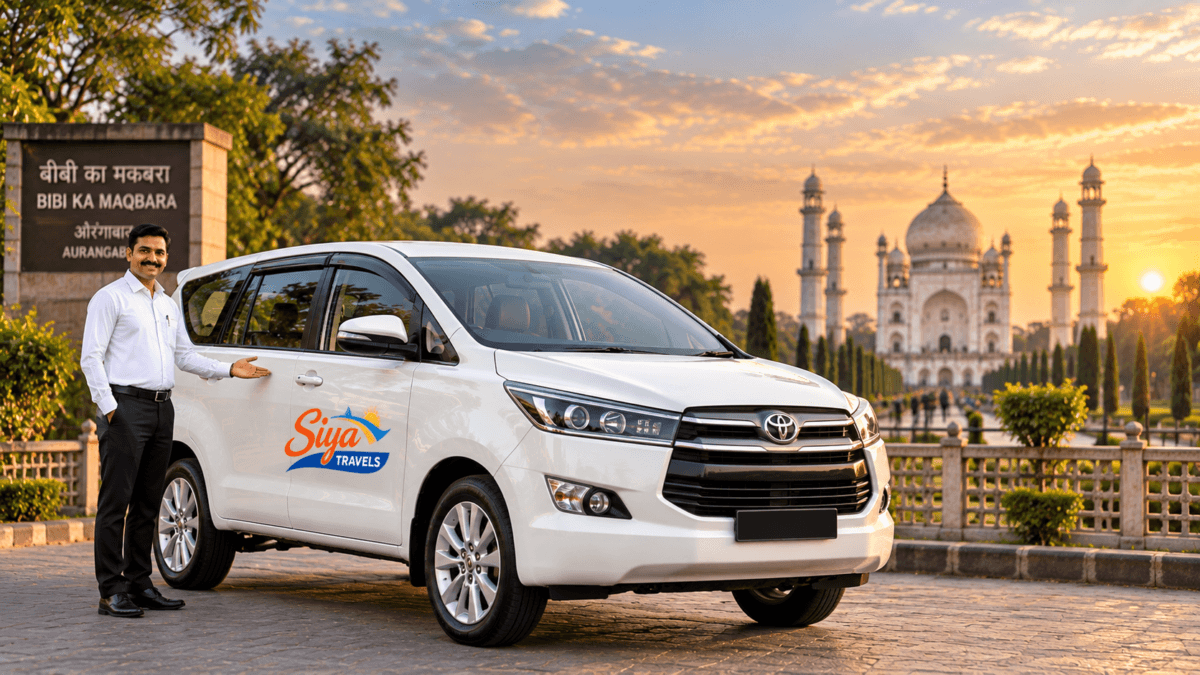 Aurangabad taxi service — Innova Crysta cab with driver near Bibi Ka Maqbara